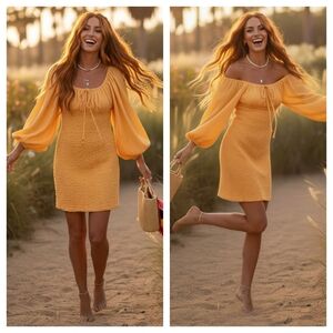 Free People Ode to the Sunset Boho Mini Dress Off Shoulder Marigold Yellow Small